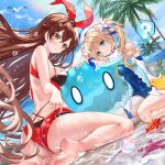  0_0 2girls ? amber_(genshin_impact) barbara_(genshin_impact) barbara_(summertime_sparkle)_(genshin_impact) bare_arms bare_legs bare_shoulders barefoot bikini black_bikini blonde_hair blue_eyes blue_swimsuit blush breasts brown_eyes brown_hair chinese_commentary closed_mouth commentary_request day dress dutch_angle flower genshin_impact hair_flower hair_ornament hair_ribbon highres long_hair long_sleeves looking_at_viewer medium_breasts mixed-language_commentary multiple_girls one-piece_swimsuit outdoors palm_tree red_bikini red_flower red_ribbon ribbon ringlets shallow_water sitting slime_(genshin_impact) smile soles spoken_question_mark starfish swimsuit swordsouls transparent tree twintails very_long_hair wariza water wet white_dress white_flower white_headwear 