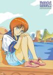  1980s_(style) 1girl blue_eyes city copyright_name day elpeo_puru full_body gundam gundam_zz hands_on_own_knees highres knees_up legs_folded looking_at_viewer non-web_source official_art onda_naoyuki orange_hair outdoors own_hands_together pink_footwear retro_artstyle sailor_collar short_hair short_sleeves shorts sitting solo water 