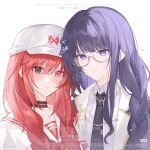  2girls alternate_costume alternate_hairstyle alternate_universe bad_source black_necktie blunt_bangs blush braid choker closed_mouth coat collared_coat collared_shirt commission couple flower genshin_impact glasses gradient_hair grey_background hair_between_eyes hair_ornament hair_over_shoulder hat head_tilt heads_together hetero heterochromia highres hoyofair leaning_on_person leaning_to_the_side long_hair looking_at_viewer mole mole_under_eye multicolored_hair multiple_girls necktie oc_x_canon original parted_lips pink_lips purple_coat purple_eyes purple_flower purple_hair purple_shirt raiden_shogun red_hair sailor_collar shirt standing twin_braids upper_body watermark xiaohongshu_watermark yilinglaozu121 yuri 