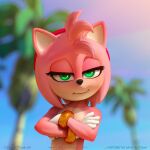 1:1 2025 accessory amy_rose anthro areola arms_bent armwear_only artist_name bangle beach bent_arm blurred_background blush bracelet clothing collarbone colored countershade_torso countershading crossed_arms day detailed digital_media_(artwork) english_text eulipotyphlan exhibitionism eyelashes female female_anthro flat_chested flirting_look front_view gloves gloves_only gold_(metal) gold_bracelet gold_jewelry green_eyes hair_accessory hairband half-closed_eyes half-length_portrait handwear handwear_only hedgehog jewelry kotyami light lighting looking_at_viewer looking_forward mammal mostly_nude narrowed_eyes nature nature_background nipples nude nude_anthro nude_female nudist outdoor_nudity outside palm_tree pink_areola pink_body plant portrait public public_nudity sega shaded sky smug soft_shading solo sonic_the_hedgehog_(film) sonic_the_hedgehog_(series) sonic_the_hedgehog_2_(film) standing summer text tree url waiting wristband