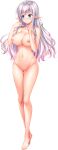  1girl bangs barefoot blue_eyes blush breasts completely_nude full_body highres huge_breasts index_finger_raised juliet_gilbert ko~cha long_hair long_pointy_ears looking_away navel nipples no_pussy nude official_art photoshop_(medium) pointy_ears solo tachi-e thigh_gap transparent_background white_hair yuukyuu_no_campanella 