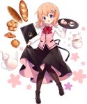  1girl ark_order artist_request baguette bangs black_footwear black_legwear black_skirt boots bow bowtie bread bun_(food) cake cherry_blossom_print clothes_grab coffee croissant floral_print flower food full_body gochuumon_wa_usagi_desu_ka? hair_flower hair_ornament hairclip holding holding_tray hoto_cocoa latte_art long_sleeves medium_hair official_art orange_hair pantyhose pink_vest purple_eyes rabbit_house_uniform red_bow shirt skirt solo sugar_bowl sugar_cube tachi-e teapot transparent_background tray vest white_shirt 