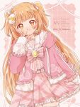  1girl belt blush border bow bowtie closed_mouth cowboy_shot drawstring dutch_angle egg_hair_ornament food-themed_hair_ornament frilled_jacket frilled_sailor_collar frills gem grid_background hair_ornament hair_ribbon hand_to_own_mouth highres hood hooded_jacket inu_to_tanpopo jacket kirara_tamako kirara_tamako_(2nd_costume) long_hair long_sleeves looking_at_viewer nijisanji open_clothes open_jacket orange_eyes orange_hair outline petticoat pink_background pink_belt pink_bow pink_bowtie pink_jacket pink_skirt plaid_clothes plaid_skirt pleated_skirt puffy_long_sleeves puffy_sleeves ribbon sailor_collar shirt skirt sleeves_past_wrists smile solo standing striped_bow striped_bowtie striped_clothes thighhighs twitter_username two-sided_fabric two-sided_jacket two_side_up upturned_eyes variant_set virtual_youtuber watermark white_border white_outline white_ribbon white_sailor_collar white_shirt white_thighhighs yellow_gemstone 