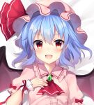  1girl :d absurdres ascot bangs bat_wings blue_hair eyebrows_visible_through_hair fang gradient_eyes hand_on_own_chest hat hat_ribbon highres looking_at_viewer mob_cap multicolored_eyes open_mouth pink_headwear pink_shirt red_ascot red_ribbon remilia_scarlet ribbon ruhika shirt short_hair short_sleeves smile solo touhou upper_body white_background wings wrist_cuffs 