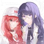 2girls alternate_costume alternate_hairstyle alternate_universe bad_source black_necktie blunt_bangs braid choker closed_mouth coat collared_coat collared_shirt commission couple flower genshin_impact glasses gradient_hair grey_background hair_between_eyes hair_ornament hair_over_shoulder hat head_tilt heads_together hetero heterochromia highres hoyofair leaning_on_person leaning_to_the_side long_hair looking_at_viewer mole mole_under_eye multicolored_hair multiple_girls necktie oc_x_canon original parted_lips pink_lips purple_coat purple_eyes purple_flower purple_hair purple_shirt raiden_shogun red_hair sailor_collar shirt standing twin_braids upper_body watermark xiaohongshu_watermark yilinglaozu121 yuri 