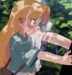  1boy 1girl absurdres after_fellatio aqua_jacket bar_censor blonde_hair blush censored colored_inner_hair commentary_request cum cum_on_body cum_on_clothes cum_on_hair excessive_cum facial green_eyes hetero highres jacket long_hair mizumizuni multicolored_hair open_mouth outdoors penis pink_hair ruri_no_houseki short_sleeves solo_focus sweat tanigawa_ruri tears two-tone_hair 