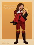  2girls annoyed black_shirt blonde_hair brown_hair buffy_summers buffy_the_vampire_slayer captain_carter carrying carrying_person closed_mouth crossed_arms highres looking_at_another marvel multiple_girls open_mouth pants princess_carry red_pants ro994art shirt 