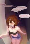  1girl :d ahoge artist_name bandeau bare_shoulders black_bandeau black_choker blue_shorts blush breasts brown_eyes brown_hair choker cleavage collarbone commentary dark denim denim_shorts door english_commentary eyelashes from_above hair_between_eyes hair_over_shoulder hair_wagging hallway heart hhiikyo highres kris_(hhiikyo) looking_at_viewer looking_up motion_blur nose_blush open_door open_mouth original raised_eyebrows short_hair short_hair_with_long_locks short_shorts shorts sidelocks signature small_breasts smile solo spoken_heart standing strapless teeth tube_top twitter_username upper_teeth_only wooden_floor 