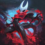 2025 2_horns 5_fingers abs action_pose anthro arthropod arthropod_abdomen athletic athletic_female black_body breasts claws cloak cloak_only clothing digital_media_(artwork) featureless_crotch female finger_claws fingers glistening glistening_body hi_res holding_object holding_weapon hollow_knight_(franchise) horn hornet_(hollow_knight) insect mostly_nude plant pose red_cloak red_clothing red_lighting signature skygracer small_breasts small_waist solo standing team_cherry thick_thighs weapon