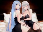  2girls absurdres adapted_costume alternate_costume azur_lane black_babydoll black_camisole black_nightgown blue_eyes blue_hair breasts camisole cleavage eyebrows_visible_through_hair garter_straps highres indoors lace-trimmed_collar lace_trim large_breasts long_hair looking_at_viewer looking_back multiple_girls noraneri official_alternate_costume on_bed pillow red_eyes silver_hair sleepwear sleeveless sovetskaya_belorussiya_(azur_lane) sovetskaya_belorussiya_(relaxation_stratagem)_(azur_lane) sovetskaya_rossiya_(azur_lane) thighhighs very_long_hair 