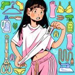  1girl aqua_background arched_bangs black_hair blush_stickers bottle bra clothes_hanger commentary cowboy_shot highres long_hair looking_at_object midriff_peek o_ku_da_ma original pants pink_pants pulling_own_clothes shirt short_sleeves socks solo spray_bottle teeth underwear white_shirt 