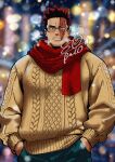  1boy absurdres balo_dqx_ff14 bara blue_eyes boku_no_hero_academia brown_sweater commentary_request endeavor_(boku_no_hero_academia) glasses green_pants hands_in_pockets highres looking_at_viewer male_focus open_mouth pants red_hair red_scarf scar scar_across_eye scar_on_face scarf signature snowing spiked_hair steam sweater 