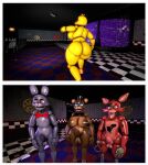 2_panel_comic 3d_(artwork) animal_genitalia animal_penis animatronic anthro avian bear big_breasts big_butt big_penis bird blue_body bonnie_(fnaf) breasts brown_body butt canid canine chica_(fnaf) chicken classic_chica_(fnaf) comic digital_media_(artwork) eye_patch eyewear female five_nights_at_freddy&#039;s fox foxy_(fnaf) freddy_(fnaf) furrypornenjoyer galliform genitals group gynomorph i_put_the_new_forgis_on_the_jeep intersex lagomorph leporid machine male mammal nude penis phasianid purple_body rabbit red_body robot scottgames source_filmmaker_(artwork) surprised yellow_body