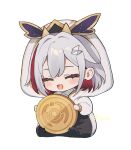  1girl blush chibi closed_eyes coin colored_inner_hair cosplay highres honkai:_star_rail honkai_(series) multicolored_hair nanyi46293 numby_(honkai:_star_rail) open_mouth red_hair short_hair sitting smile solo topaz_(honkai:_star_rail) trotter_(honkai:_star_rail) white_hair 