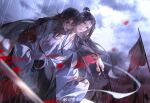  2boys aa820733 absurdres black_hair black_hanfu black_pants blood blood_on_clothes blood_on_face blood_on_hands blood_splatter blood_spray blurry blurry_foreground carrying carrying_person chenqing_flute chinese_clothes clenched_teeth cloud cloudy_sky coat dizi flag flute grey_coat hair_down half_updo hanfu headband highres holding holding_flute holding_instrument injury instrument jian_(weapon) lan_wangji long_hair long_sleeves male_focus modao_zushi multiple_boys official_alternate_costume official_alternate_hairstyle outdoors pants parted_lips piggyback rain red_eyes red_ribbon ribbon robe sidelocks sky smoke sword teeth topknot torn_clothes transverse_flute watermark weapon wei_wuxian wei_wuxian_(yiling_laozu) weibo_watermark wet wet_hair white_hanfu white_headband wide_sleeves xiao_guan_(headdress) yaoi yellow_eyes 