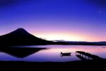  boat cloud commentary_request crescent_moon horizon isaki_(gomi) moon mountain no_humans original pier reflection reflective_water scenery shore sunset water watercraft 