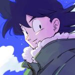  1boy backlighting black_eyes black_hair blue_sky blurry blurry_background close-up closed_mouth cloud cloudy_sky day depth_of_field dragon_ball dragon_ball_z face facing_viewer floating_hair fur-trimmed_jacket fur_trim green_jacket high_collar jacket kz_(dbz_kz) light_particles light_smile looking_back male_focus sideways_glance sky solo son_goku upper_body wind wind_lift winter_clothes zipper 