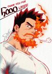  1boy absurdres balo_dqx_ff14 bara blue_eyes boku_no_hero_academia closed_mouth commentary_request endeavor_(boku_no_hero_academia) english_text fiery_hair highres looking_at_viewer male_focus muscular muscular_male puff_of_air red_hair shirt signature spiked_hair white_background white_shirt 