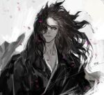  1boy black_theme closed_mouth copyright_request floating_hair hair_over_one_eye highres japanese_clothes kimono long_hair looking_at_viewer male_focus one_eye_covered petals pigeon666 purple_eyes signature solo spot_color translation_request upper_body 