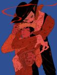  2boys bent_over black_hair black_hat blonde_hair blue_background commentary_request donquixote_rocinante facepaint fingernails hand_tattoo hat highres holding holding_newspaper hug jurokutya male_focus multiple_boys multiple_scars newspaper one_piece red_lips red_theme scar sharp_fingernails smoking standing tattoo trafalgar_law 