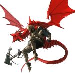  1other ambiguous_gender armor breastplate cuisses esnowg full_armor full_body greaves hashtag-only_commentary helmet highres holding holding_weapon leg_armor monster original poleyn red_scales sabaton simple_background vambraces weapon white_background wings 