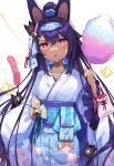  +_+ 1girl :&lt; :t absurdres alternate_costume bangs bell blue_hairband blush collarbone commentary_request cotton_candy cowboy_shot crossed_bangs dark-skinned_female dark_skin eating flat_chest food food_on_face fox_mask frilled_kimono frilled_sleeves frills hair_between_eyes hairband hand_up head_tilt headgear highres holding holding_food japanese_clothes jingle_bell kimono light_blush long_hair long_sleeves looking_at_viewer mask mask_on_head nephtim_(world_flipper) obi open_mouth pom_pom_(clothes) ponytail pouch purple_hair red_eyes sash sausage shibainu shiny shiny_hair sidelocks simple_background skewer solo sprinkles standing straight-on sweat tied_hair v-shaped_eyebrows very_long_hair white_background white_kimono white_sleeves world_flipper 