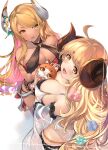  2girls ahoge anila_(granblue_fantasy) blonde_hair blush breasts draph gradient_hair granblue_fantasy highres horns kumbhira_(granblue_fantasy) large_breasts mayusaki_yuu multicolored_hair multiple_girls owlcat post_guild_war_celebration sheep_horns 