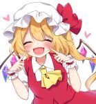  1girl ascot blonde_hair blush bow closed_eyes commentary fang fingersmile flandre_scarlet hair_bow hat heart highres mob_cap one_side_up open_mouth red_vest shinonome_asu shirt simple_background smile solo touhou vest white_background white_headwear white_shirt wings wrist_cuffs yellow_ascot 