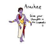 1:1 3_fingers absurd_res animal_humanoid arachne arachnid arachnid_humanoid arthropod arthropod_humanoid bracelet brown_hair clothing english_text european_mythology fangs female fingers greek_mythology hair hi_res humanoid jewelry mythology purple_body red_eyes serenitytowne shirt solo teeth text tied_hair toga topwear tunic