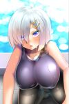  1girl alternate_costume black_legwear blue_eyes blue_swimsuit breasts cleavage collarbone covered_nipples eyebrows_visible_through_hair eyes_visible_through_hair gloves hair_ornament hair_over_one_eye hairclip hamakaze_(kancolle) highres impossible_clothes impossible_swimsuit kantai_collection large_breasts lips one-piece_swimsuit open_mouth outdoors pantyhose pantyhose_under_swimsuit pool poolside school_swimsuit short_hair silver_hair solo swimsuit water wet wet_clothes wet_swimsuit white_gloves white_hair wildcat_(kusonemi) 