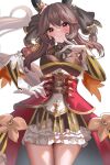  1girl ame_sagari animal_ears black_bow black_bowtie blush bow bowtie braid braided_hair_rings breasts brown_hair cape closed_mouth commentary_request corset detached_sleeves ear_covers ear_ornament gentildonna_(regina_dei_fiori)_(umamusume) gentildonna_(umamusume) gloves gold_embroidery hair_between_eyes hair_ornament hair_rings highres horse_ears horse_girl horse_tail large_breasts long_hair looking_at_viewer red_cape red_corset red_eyes see-through_cleavage see-through_clothes simple_background smile solo tail umamusume waist_cape white_background white_gloves 