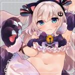  &gt;:( 1girl anchor_hair_ornament animal_ears animal_hands apron arm_up armpits azur_lane bangs bell blue_eyes bow bowtie cat_ears cat_paws claws commentary_request detached_sleeves eyebrows_visible_through_hair eyes_visible_through_hair fake_animal_ears gloves hair_between_eyes hair_bow hair_ornament hair_ribbon hairband hammann_(azur_lane) hammann_(hammanyan_pawnch!)_(azur_lane) highres long_hair looking_at_viewer maid_apron midriff navel paw_gloves ribbon sidelocks silver_hair simple_background solo takumi_mizuki tears two_side_up v-shaped_eyebrows 