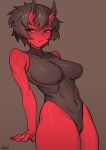  1girl arm_support bare_arms bare_shoulders black_hair blush breasts closed_mouth colored_skin covered_nipples cowboy_shot grey_background grey_leotard highleg highleg_leotard horns kidouko_(zakusi) large_breasts leotard looking_at_viewer oni oni_horns original red_oni red_skin short_hair signature simple_background slit_pupils smile solo thick_eyebrows yellow_eyes zakusi 