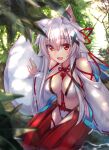  1girl absurdres animal_ear_fluff animal_ears bangs bare_shoulders bikini blurry blurry_foreground breasts cleavage clothing_cutout commentary_request depth_of_field detached_sleeves eyebrows_visible_through_hair fox_ears fox_girl fox_tail hair_between_eyes hair_ornament hakama hakama_pants highres japanese_clothes long_hair long_sleeves looking_at_viewer medium_breasts mizuhiki murasame_shia original pants red_eyes red_hakama ribbon-trimmed_sleeves ribbon_trim solo swimsuit tail thigh_cutout very_long_hair water white_bikini white_hair white_sleeves wide_sleeves x_hair_ornament 