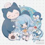  1girl :d bai_xiong_nailaojuan blue_cardigan blue_hair blunt_bangs blush_stickers cardigan character_request chibi chibi_only full_body highres holding holding_poke_ball long_hair long_sleeves mihuashi_username neckerchief open_cardigan open_clothes open_mouth orange_neckerchief original piplup pleated_skirt poke_ball pokemon pokemon_(creature) sample_watermark shirt sidelocks skirt smile snorlax socks standing striped_clothes striped_socks vaporeon vertical-striped_clothes vertical-striped_socks watermark white_shirt white_skirt white_socks 