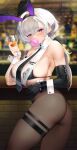  1girl absurdres animal_ears arm_strap ass azur_lane bangs bar bare_shoulders bikini bikini_top black_bikini black_hairband black_legwear black_leotard black_necktie black_ribbon blurry blurry_background blush bow bowtie breasts chewing_gum chinese_commentary collared_shirt commentary_request cowboy_shot crop_top cup earrings elbow_gloves eyebrows_visible_through_hair fake_animal_ears gloves grey_hair haihai_(skeleton) hair_between_eyes hair_bow hairband highres holding holding_cup indoors jewelry large_breasts leotard leotard_under_clothes long_hair looking_at_viewer low_ponytail metal_gloves mole mole_on_armpit mole_on_breast mole_on_thigh necktie official_alternate_costume pantyhose parted_hair playboy_bunny purple_eyes rabbit_ears reno_(azur_lane) reno_(reno_bunnino)_(azur_lane) ribbon see-through_shirt shirt sideboob sidelocks single_elbow_glove skindentation sleeveless sleeveless_shirt solo standing stud_earrings swimsuit thigh_strap white_bow white_bowtie wrist_cuffs 