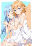  2girls ;o bangs bare_arms bare_shoulders blue_background blue_eyes blue_hair border camisole closed_mouth collarbone commentary_request eyebrows_visible_through_hair feet_out_of_frame gochuumon_wa_usagi_desu_ka? hair_between_eyes hair_ornament hands_up highres hoto_cocoa hug hug_from_behind kafuu_chino keito4f long_hair looking_at_viewer medium_hair multiple_girls off_shoulder one_eye_closed orange_background orange_hair outside_border own_hands_together purple_eyes smile spaghetti_strap strap_slip two-tone_background very_long_hair white_border white_camisole x_hair_ornament 