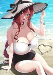  1girl bangs bare_arms bare_shoulders beach blue_eyes blush bracelet braid breasts cleavage collarbone hat heart highres huge_breasts jewelry long_hair looking_at_viewer nail_polish original outdoors parted_lips purple_nails red_hair sitting smile solo sun_hat takoneru thighs white_headwear 