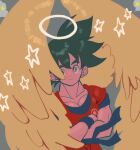  1boy angel_wings black_eyes black_hair blue_wristband closed_mouth clothes_writing cloud collarbone commentary crossed_arms dougi dragon_ball dragon_ball_z feathered_wings glowing grey_background halo highres kodama_(marugoto_omikan) looking_at_viewer looking_up male_focus multicolored_eyes muscular muscular_male muted_color orange_pants pants pectorals shiny shiny_hair simple_background smile solo son_goku spiked_hair star_(symbol) symbol-only_commentary upper_body wings wristband yellow_eyes 