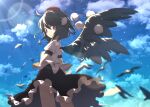  1girl above_clouds ahoge arm_at_side bangs bird black_hair black_skirt black_wings buttons clothes_lift colorized cowboy_shot ellipsis_(mitei) frilled_skirt frills hair_between_eyes hand_up hat leaf_print lens_flare light_particles light_rays looking_afar looking_past_viewer looking_to_the_side motion_blur pom_pom_(clothes) puffy_short_sleeves puffy_sleeves red_eyes red_headwear shameimaru_aya shiny shiny_clothes shiny_hair shirt shirt_lift short_hair short_sleeves skirt skirt_lift solo suguni sunlight tokin_hat touhou white_shirt wind wings 