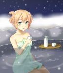  1girl bangs bathing blonde_hair blush breasts choko_(cup) commentary_request cup feet_out_of_frame folded_ponytail green_eyes half_updo isaki_(gomi) looking_at_viewer medium_breasts mizuhashi_parsee onsen open_mouth pointy_ears short_hair short_ponytail smile solo tokkuri touhou towel tray water 