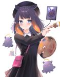  1girl absurdres ao-chan_(ninomae_ina&#039;nis) bag bangs beret black_dress black_headwear blue_eyes blunt_bangs dress eyebrows_visible_through_hair handbag hat highres holding hololive hololive_english long_hair long_sleeves looking_at_viewer maru_ccy multicolored_hair ninomae_ina&#039;nis official_alternate_costume paintbrush painting palette_(object) pointy_ears purple_hair smile solo tablet_pc tako_(ninomae_ina&#039;nis) tentacle_hair tentacles virtual_youtuber 
