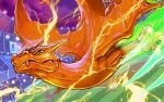  blue_eyes charizard claws cloud commentary_request electricity fire flying looking_at_viewer no_humans pokemon pokemon_(creature) solo stadium unno_daisuke 