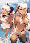  2girls ahoge bangs banned_artist bare_shoulders bikini black_legwear breasts dark-skinned_female dark_skin dress fate/grand_order fate_(series) grey_eyes haori japanese_clothes kyoeiki long_hair long_sleeves looking_at_viewer medium_breasts multiple_girls navel off_shoulder okita_souji_(alter_swimsuit_saber)_(fate) okita_souji_(fate) rengoku_(fate) smile swimsuit tassel thighhighs thighs very_long_hair white_bikini white_dress white_hair wide_sleeves 