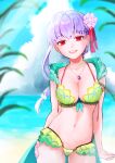  1girl absurdres armlet bangs bare_shoulders beach bikini blue_sky blush braid braided_ponytail breasts cleavage collarbone commentary earrings fate/grand_order fate_(series) flower frills green_bikini green_vest grin hair_flower hair_ornament hair_ribbon highres hood hooded_vest hoodie jewelry kama_(fate) kama_(swimsuit_avenger)_(fate) large_breasts long_hair looking_at_viewer lotus necklace pendant red_eyes ribbon shore silver_hair sky smile solo swimsuit thighs vest white_3326 