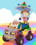  2girls :3 :d accel_changer apron blonde_hair blue_eyes car commentary_request driving gekisou_sentai_carranger gloves hat highres holding holding_umbrella long_skirt looking_at_another maid_headdress motor_vehicle multicolored_skirt multiple_girls open_mouth parasol personification pointy_ears red_hat rv_robo side-view_mirror sitting skirt smile steering_wheel super_sentai ueyama_michirou umbrella vehicalization white_apron white_gloves 