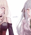  2girls aaru_(youmorigu) absurdres bang_dream! bang_dream!_it's_mygo!!!!! black_dress black_ribbon blonde_hair blue_hair clothing_cutout commentary_request doloris_(bang_dream!) dress green_necktie grey_jacket hair_ribbon haneoka_school_uniform highres jacket long_hair looking_at_viewer medium_hair misumi_uika multiple_girls necktie parted_lips purple_eyes ribbon school_uniform shirt shoulder_cutout simple_background togawa_sakiko translation_request two_side_up upper_body white_background white_shirt yellow_eyes 