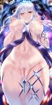  1girl absurdres bangs blush breasts censored earrings eyebrows_visible_through_hair fary5 fate/grand_order fate_(series) finger_heart from_below hair_ornament highres jewelry kama_(fate) kama_(swimsuit_avenger)_(fate) large_breasts long_hair looking_at_viewer looking_down mosaic_censoring nail_polish navel nipples parted_lips pussy red_eyes red_nails silver_hair smile solo 