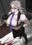  1girl abs absurdres blood blush dorohedoro earrings formal glasses gloves highres jewelry long_hair looking_at_viewer muscular muscular_female necktie noi_(dorohedoro) park_ongjol red_eyes simple_background solo suit white_hair 