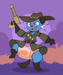 ambiguous_gender anthro aqua_(innocentenough) belt blue_body bodily_fluids boots brown_belt brown_boots brown_clothing brown_ears brown_footwear brown_gloves brown_handwear brown_tail brown_trenchcoat bubblepuppers clothed clothing coat costume cowboy_hat dewott diaper food footwear fruit full-length_portrait generation_5_pokemon genital_fluids gloves gun halloween halloween_costume handwear hat headgear headwear hi_res holding_gun holding_object holding_ranged_weapon holding_weapon holidays innocentenough nintendo on_one_leg open_mouth open_smile orange_nose plant pokemon pokemon_(species) portrait pumpkin purple_background ranged_weapon shell shoes simple_background smile snaggle_tooth solo standing tail topwear trenchcoat unclean_diaper urine used_diaper warhammer_(franchise) warhammer_fantasy weapon wearing_diaper wet_diaper whiskers white_whiskers witch_hunter